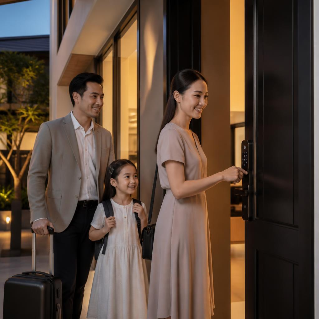 Một gia đình Việt hiện đại về đến nhà, người mẹ mở khoá bằng vân tay